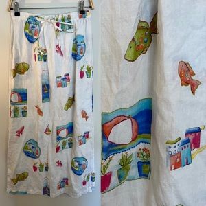 VTG Linen Maxi Skirt Summer Beach Fish Boho Art to Wear Hot Cotton